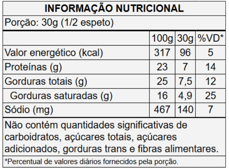 Tabela informação nutricional queijo coalho para espeto